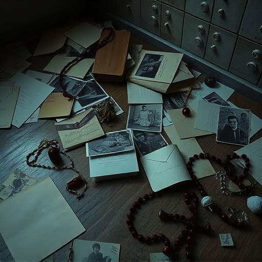 Fotografía de objetos encontrados en celdas como cartas, fotografías, rosarios y pequeños juguetes.