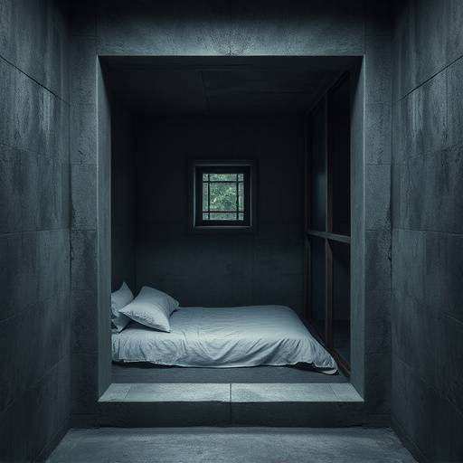 Fotografía de una celda de aislamiento con paredes de hormigón, una pequeña ventana y una cama sencilla. La atmósfera es sombría y opresiva.