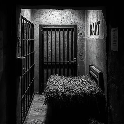 Fotografía en blanco y negro de una antigua celda con una puerta de hierro y una cama de paja.