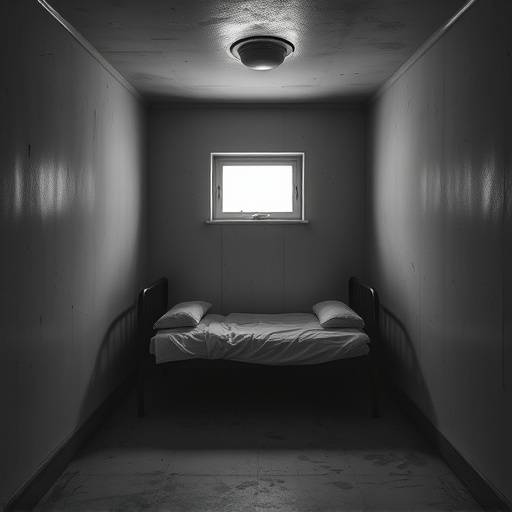 Fotografía en blanco y negro de una celda de aislamiento con una cama estrecha y sin ventanas.