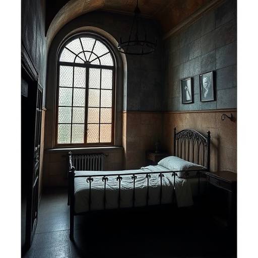Ilustración de una celda victoriana con una ventana alta y una cama de hierro forjado.