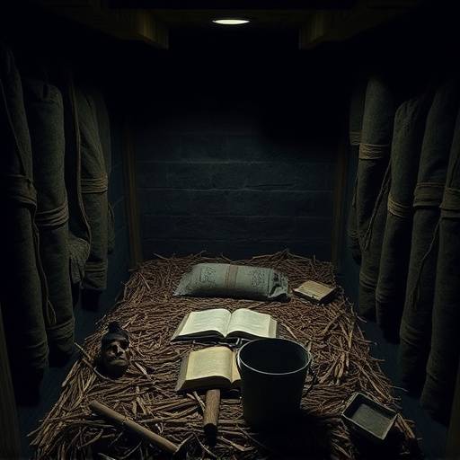 Imagen de una celda del siglo XVIII con una cama de paja, un cubo para las necesidades y una Biblia.