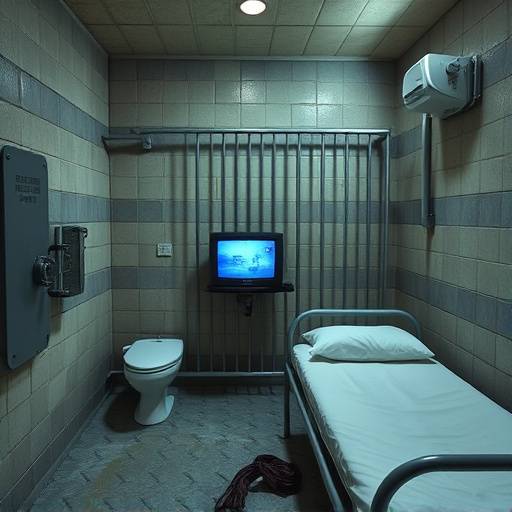 Imagen de una celda en Estados Unidos con una cama de metal, un inodoro y una pequeña televisión.